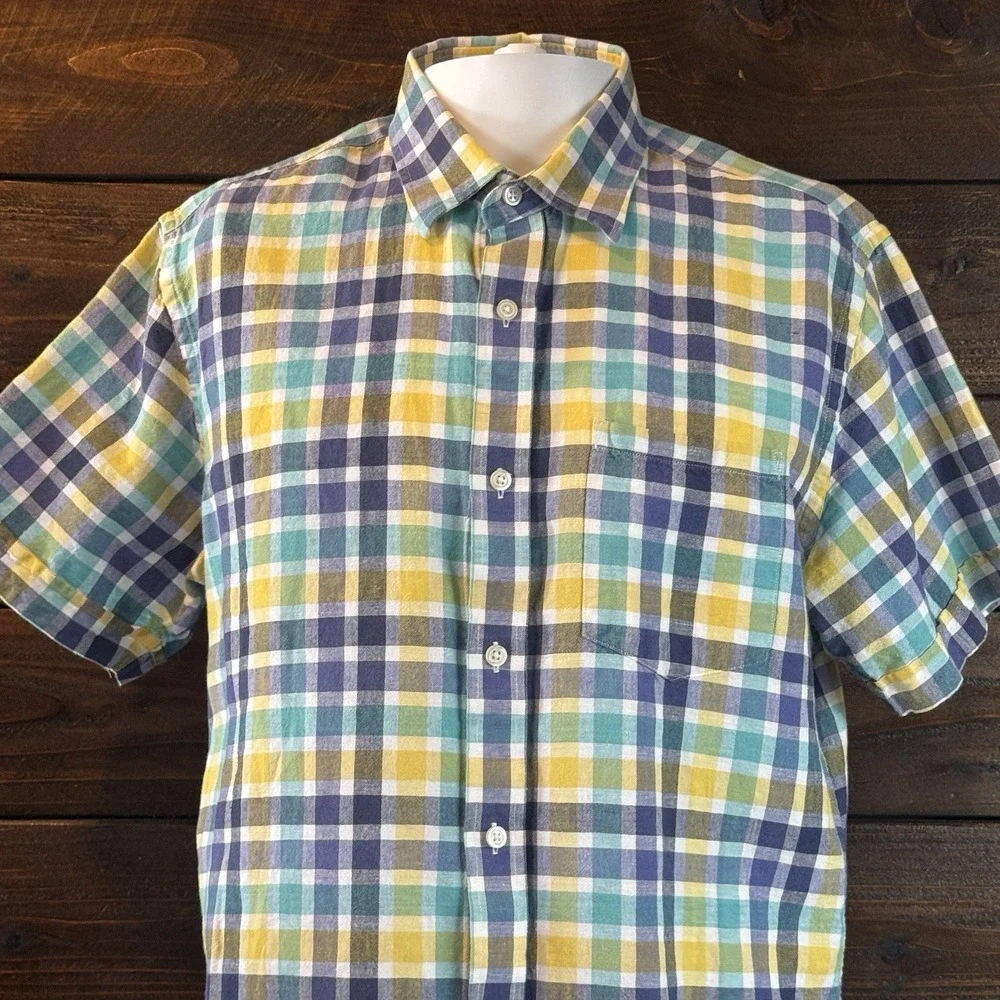 Banana Republic Linen Men's Large Short Sleeve Shirt Vibrant Blue Yellow Check